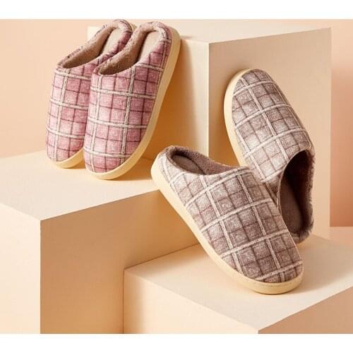 Women suede slippers Mens memory foam slippers Concise Plaid home shoes Soft light non-slip Fluffy warm slippers