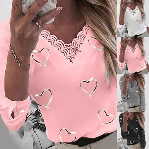 Womens Casual Soft Comfy Long Sleeves V Neck Hollow Out Heart Shape Pattern Pinkish Cute Fashion Clothes Camiseta feminina