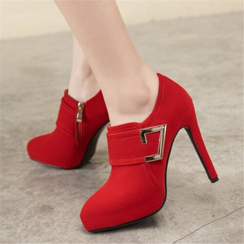 Women spring Boots High Heel Ankle Boots Zip Platform Shoes Pointed Toe Ladies Sexy Velvet Boots 2020 Red Black 33-43