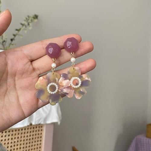 AOMU S925 Vintage Acrylic Jelly Purple Color Flower Pearl Handmade Long Drop Earrings for Women Temperament Jewelry Gifts