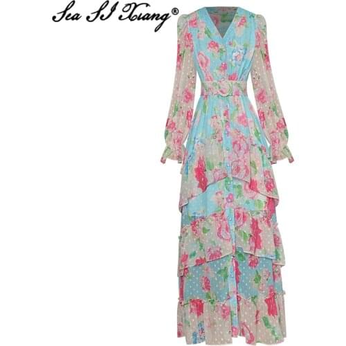 Seasixiang Fashion Designer Autumn Long Dress Women V-Neck Sashes Single Breasted Elegant Cascading Ruffle Vacation Maxi Dress