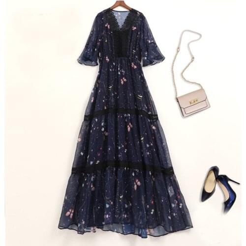 2021 Summer Puff Sleeve V-Neck Female Floral Imitation Silk Lace Dress Vintage Printing Women Empired Pleated Chiffon Dress B08