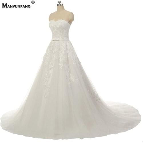 2021 New Arrival Chapel Train Sleeveless Wedding Dress Elegant Strapless Embroidery Appliques Tulle Zipper Back Bridal Ball Gown