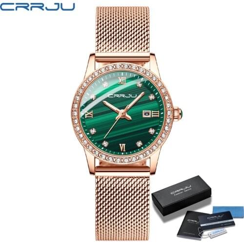 2021 New Women CRRJU Fashion Luxury Diamond Watches Ladies Dress Simple Mesh Bracelet Waterproof Quartz Watches Zegarek Damski
