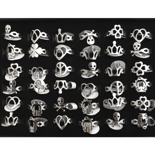 Fashion Skull, Crown, Heart Shape Stainless Steel Rings Silver Color 36pcs/lot