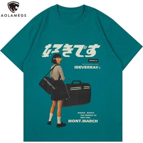 Aolamegs Japanese Harajuku Girl Kanji Print T-shirt Men College Style Streetwear Men Vintage Fashion High Street Tops Tee Summer