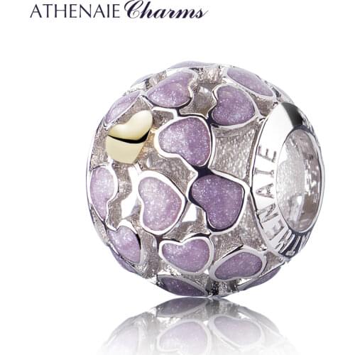 ATHENAIE Gift Love Purple&White Enamel Charms Beads Fit European 925 Sterling Silver Heart Charms Bracelet Charm Gold Beads