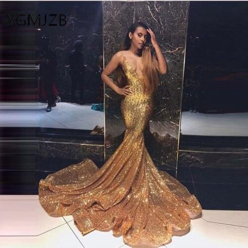 Gala jurken 2019 Sparkly Gold Sequined Mermaid Prom Dresses Long V Neck Sexy Backless African Women Formal Evening Party Dress