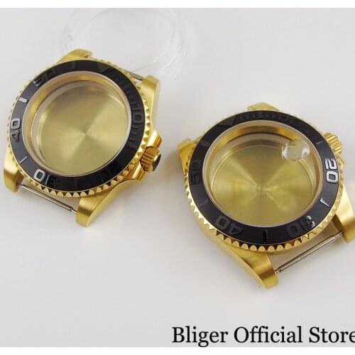 Whole Gold Coated 40mm Watch Case for NH35 NH36 Sapphire Glass without Magnifier Brushed Insert Mental Back