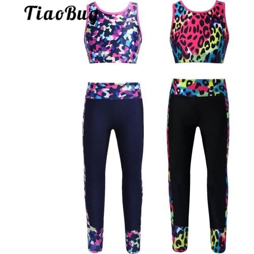 TiaoBug Kids Girls Ballet Gymnastics Dancewear Digital Printed Sleeveless Mesh Racerback Crop Tops with Leggings Pants Outfit