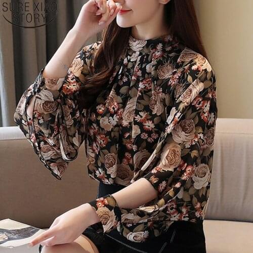 Elegant Fashion Long Sleeve Shirt Women Tops Vintage Blouse Women Floral Print Blouses Stand Collar Bat Sleeve Female Blusa 8281