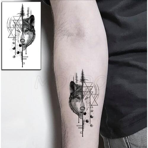 Wolf Head Tree Triangle Geometric Element Temporary Tattoo Sticker Fake Tattoos for Women Men Body Makeup Waterproof Stickers
