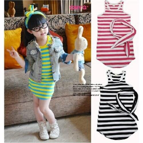 Summer Girls Dresses Cotton Casual Children Clothing Sleeveless Striped Baby Clothes For Girls Bow O-Neck Children Clothing