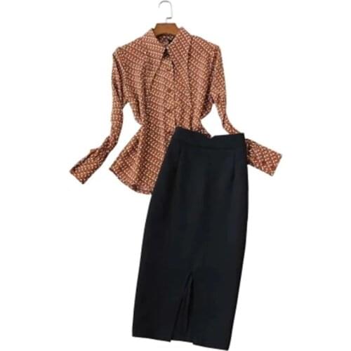 Fashion suit female spring New Korean temperament butterfly bow tie long sleeve shirt + high waist skirt Two-piece suit women