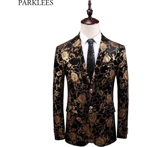 Mens Gold Rose Floral Bronzing Velvet Dress Blazers 2019 Brand New Slim Fit Notched Lapel Suit Blazer for Wedding Party Prom 5XL