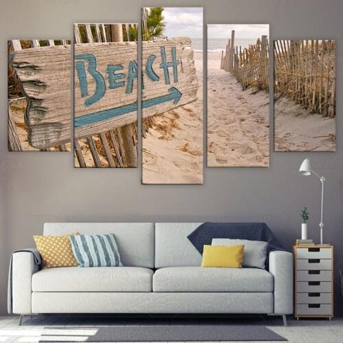 Wall art canvas painting 5 piece HD print sea ocean Beach Fence posters and prints framed modular canvas art home decor