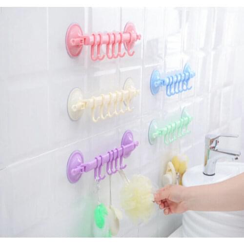 Kitchen Bathroom Storage Wall Mounted Tidy Rack Plastic Sucker Hanging 6 Hook