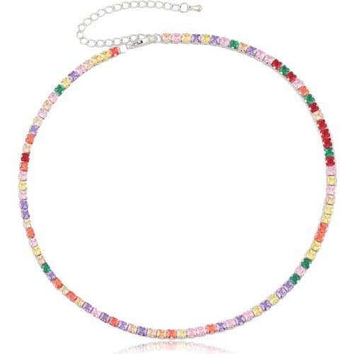 2021 New Gold Color Rainbow Cz Paved Square Crystal Colorful Zirconia Tennis Chain Choker Necklace Fashion Jewelry Collar Femme