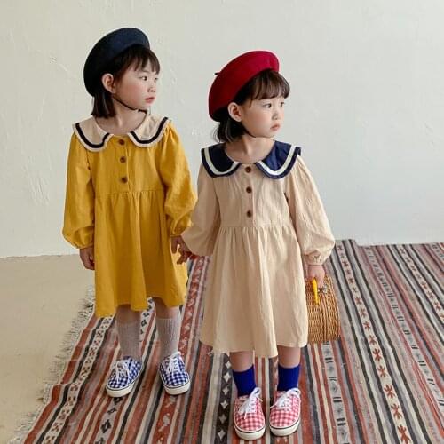 Fall 2021 Girls clothes College style navy collar long sleeve dress retro wash design solid color girls dress