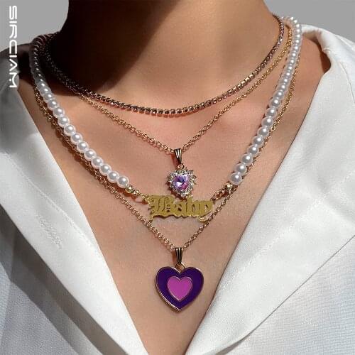 Summer Purple Enamel Heart Baby Pearl Beaded Necklace For Women Crystal Charm Choker Collar Layered Necklaces Vacation Jewelry