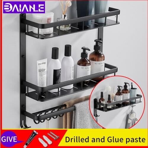 Bathroom shelves storage towel rack with shelf wall mount toilet three layers shampoo holder fixture screw free installation