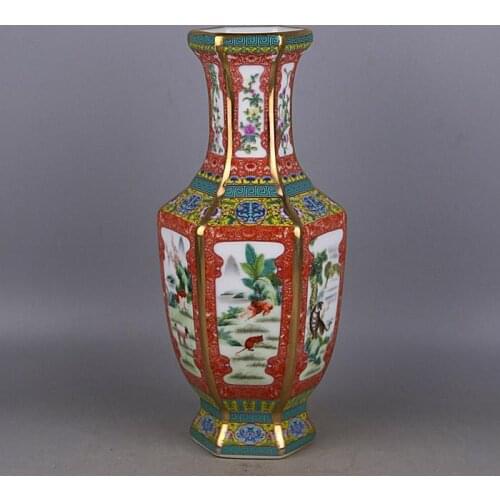 Hexagonal Vase Enamel Twelve Zodiac Pictures Qianlong of Qing Dynasty as Ornaments for Collection of Antique Porcelain in Old I