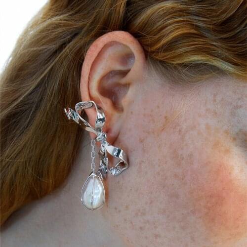 SRCOI Romantic Metallic Silver Color Bow-Knot With Natural Freshwater Pearl Drop Earrings For Women Party Weddings Engagement