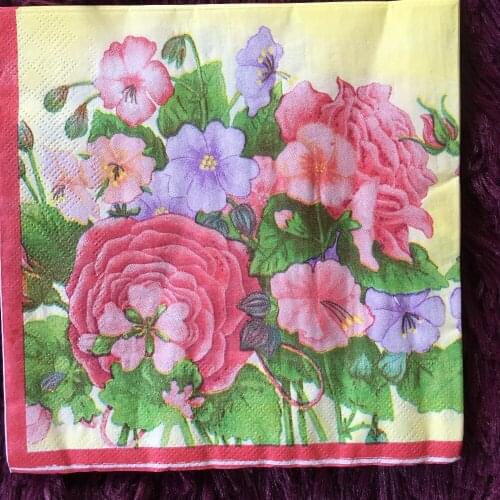 Vintage napkin paper tissue yellow printed pink flower blue handkerchief decoupage wedding birthday party home cafe decor mat