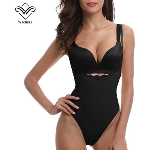 Wechery Sexy Plunge U Neck Body Shaper Lace Butt lifter Wait Trainer Slimming Underwear Corset bodysuits Backless Modeling Strap