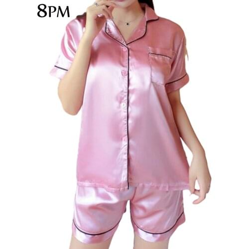 Satin Silk Pajamas Set Women Short Sleeve Button-Down Sexy Lingerie Pjs Summer Solid Color Sleepwear Short Nightwear Sets ouc413