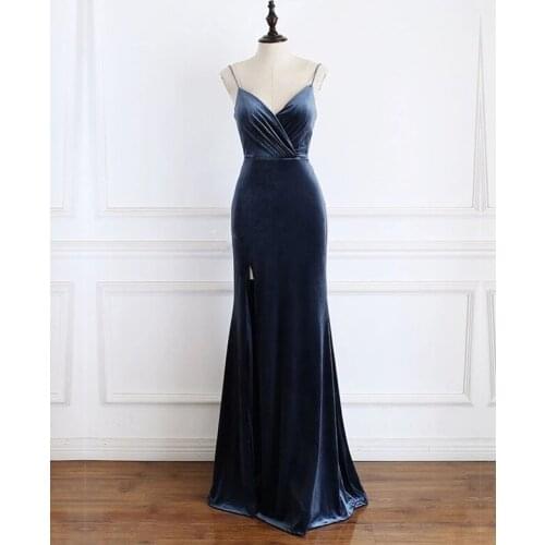 Velvet Mermaid Prom Dresses 2021 Spaghetti Straps Double V Neck High Split Side Long Formal Evening Party Dress Robe De Soiree