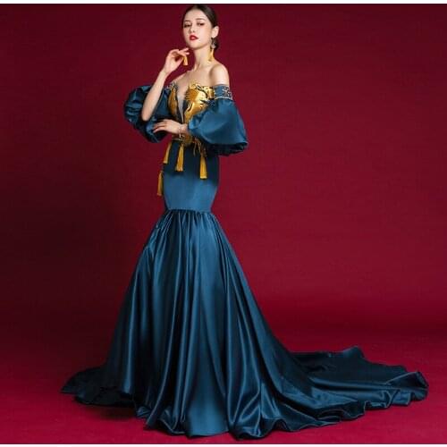 Jewelry blue mermaid embroidery bubble sleeve long dress vintage Renaissance drama stage Gown Victoria Marie Antoinette opera
