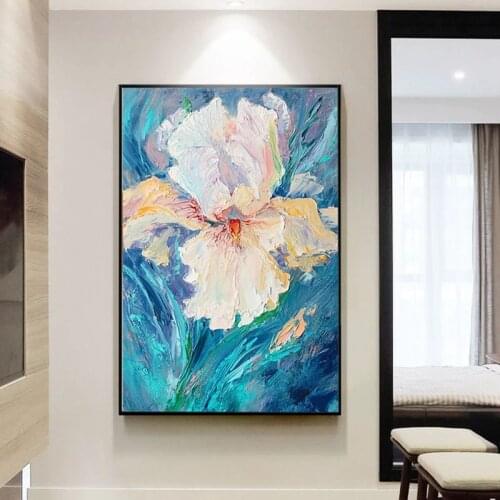 100% Hand Painted Abstract Oil Painting Hand Made Blue White Flower Large Size Canvas Wall Pictures For Living Room Home Decor