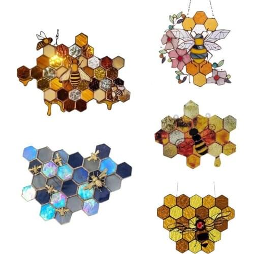 5 Styles Pastoral Honeycomb Wall Hanging Suncatcher Stained Glass Indoor Outdoor Hanging Art Ornament for Yard Garden Ornament
