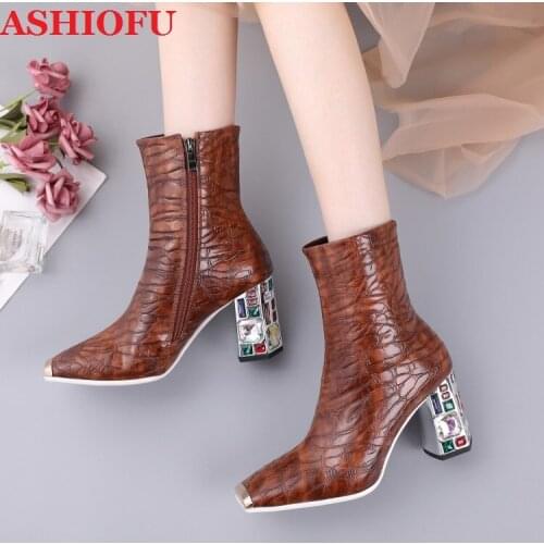 ASHIOFU New A816 Handmade Womens Block Heels Boots Vintage Squaer-toe Ankle Booties Sexy Club Party Evening Fashion Boots Shoes