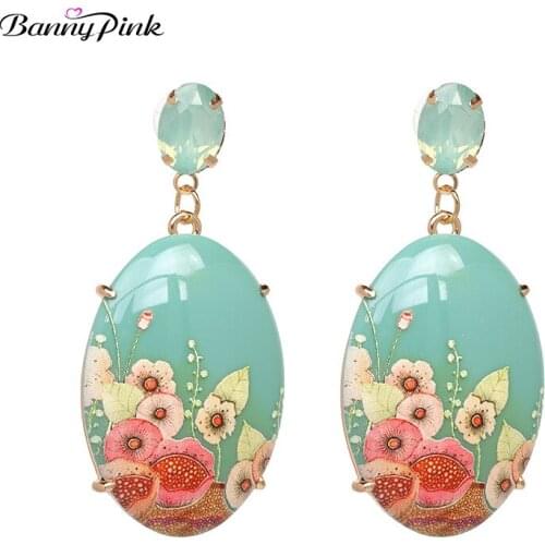 Banny Pink National Element Flower Pendant Dangle Earrings For Women Vintage Geometrical Statement Drop Earrings Big Earrings