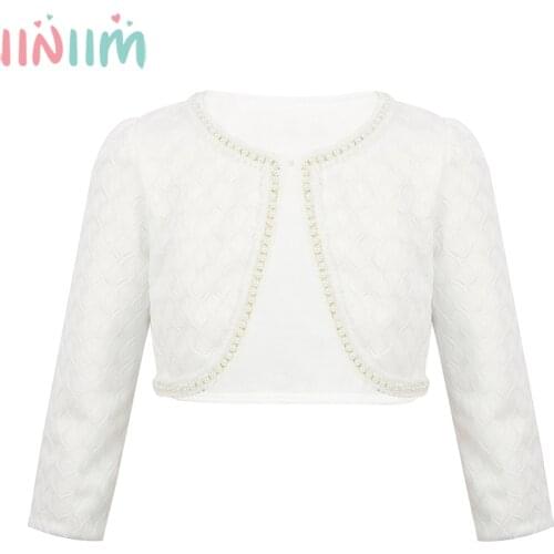 Iiniim White Kids Girls Autumn Formal Party Outerwear Lace Beaded One Button Closure Bolero Shrug Cardigan Top Short Jacket