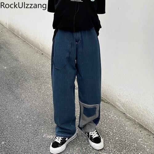 Patchwork Colorblock Pocket Contrast Blue Streetwear Woman Man Fashion Loose Straight Denim Pant Jeans Hip Hop Casual Trouser