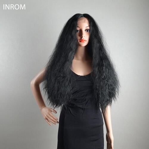 INROM Synthetic Kinky Curly Straight Lace Front Wigs For Black Women 30 inch Middle Part T Lace Hand Tied Hairline