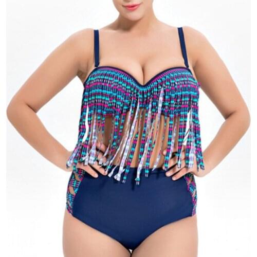 Plus Size 6XL Bikini Set 2019 Hot Tassel Push Up Padded Women Vintage Monokini Bikini Sets High Waist Swimwear Bathing Suit