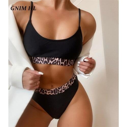 GNIM High Waist Bandeau Bikini Set 2021 Sexy Leopard Patchwork Swimwear Women 2 Pieces Push Up Beach Wear Brazilian Swimsuit New