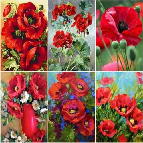 Frameless Red Flower Diy Digital Painting By Numbers Modern Wall Art Canvas Painting Home Decoration For Living Room Artworks