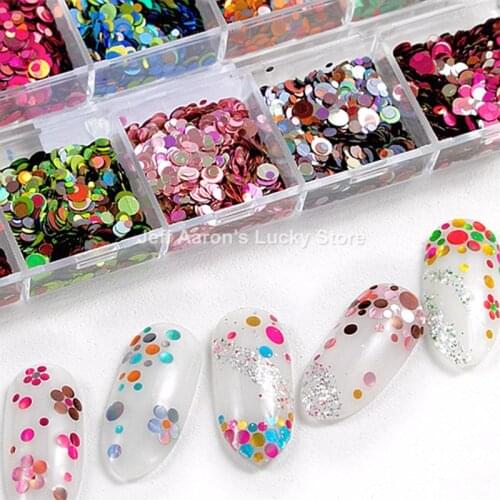 12 Colors Acrylic Nail Art Glitter Sequins Decals Set For Fake Nails Tips Decoration Beauty Manicure Tools Round 1MM 2MM 3Mm