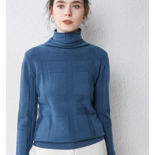 Autumn Winter New 100% Pure Wool Womens Tops Check Pattern Turtleneck Pullover Sweater Fashion All-Match Knit Bottoming Shirt