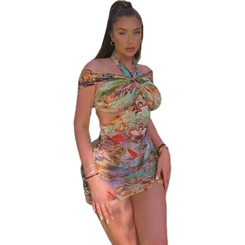 Sleeveless Skinny Mini Bodycon Cross Bandage Vacation Streetwear Outfits Weird Puss Colorful Halter Backless Sexy Women Dress