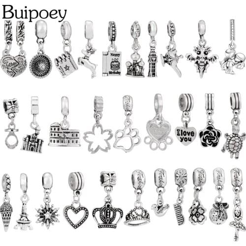Buipoey Silver Color Misses Kisses Dangle I Love You Pendant Crown Heart Charm Fit Charms Bracelets Necklace For Girlfriendsz