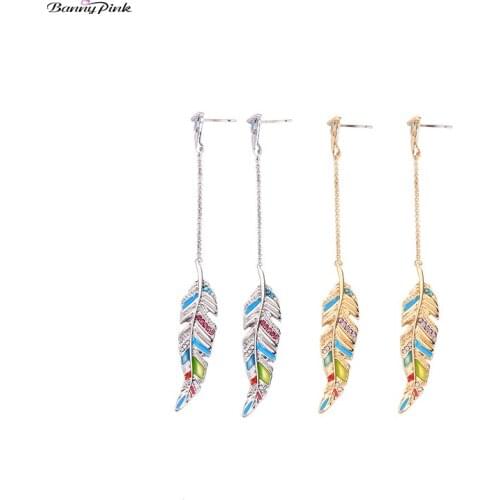 Banny Pink Vacation Enamel Feather Stud Earrings For Women Bohemia Leaf Pendant Pin Earrings Long Earrings Brincos