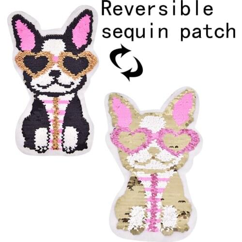 Dog wearing heart glasses Reversible Change color Sequins Sew On es for clothes DIY Applique Bag Coat Sweater Crafts