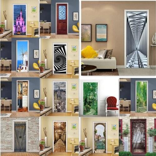 Modern Building 3D Door Sticker Self-adhesive PVC Wallpaper For Living Room Decoration Home Design Mural Wall Poster Deursticker