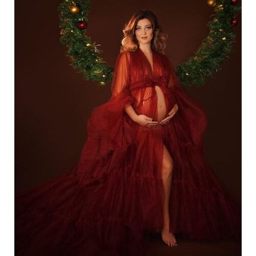 Dark Red Sheer Bridal Photo Shoot Pregnancy Prom Dresses 2021 Long Sleeve Kimono Robe Maternity Dress Evening Gowns Sleepwear